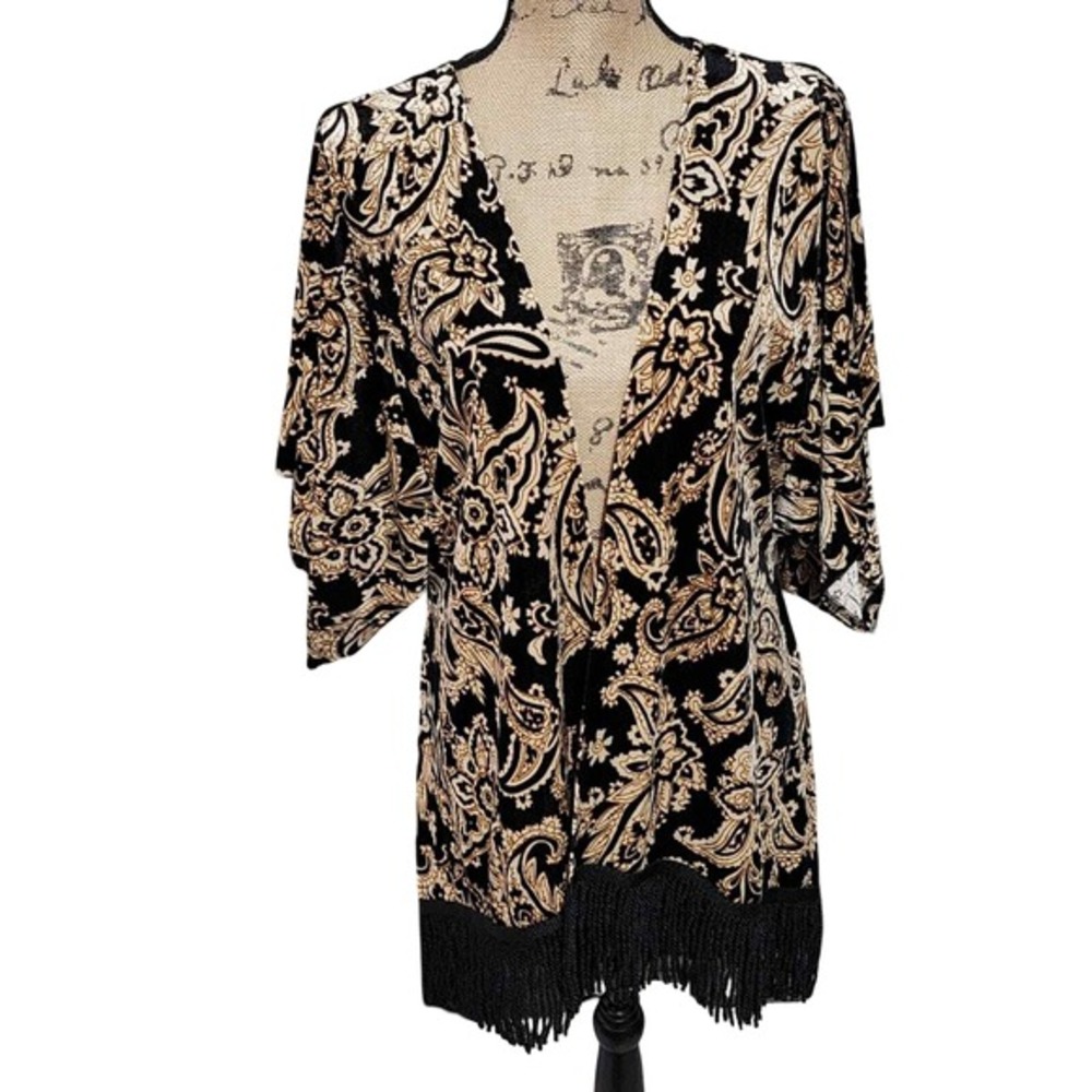 Judith March Womens Black Gold Paisley Velvet Fringe Mesh‎ Back Kimono Wrap M